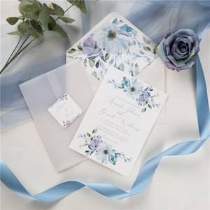 Carte d'invitation de mariage luxueuse en aquarelle bleu <span class=keywords><strong>français</strong></span>, motif floral, avec pochettes en papier vélin - Product Image 6