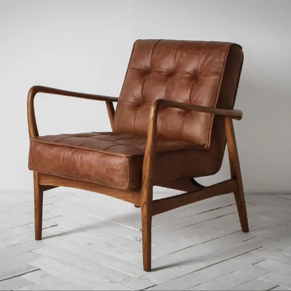 Woonkamer Meubels Moderne Nordic Ontwerp Nieuwe Brad Vintage Lederen Fauteuil Designer Houten Fauteuil