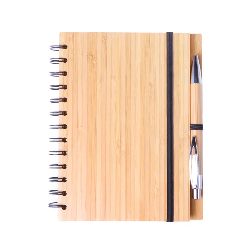 Oempromo-Cuaderno de cubierta de bambú reciclado personalizado con bolígrafo impreso en espiral, A5, A6, A4, A7, tamaño personalizable, diario de cubierta de papel PP