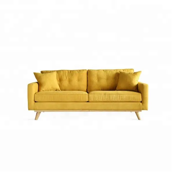 ผ้าขนสัตว์ขาไม้แข็งแรงโซฟาสองที่นั่งพร้อมหมอนอิงโซฟาสีเหลือง
