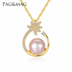 PAG&MAG New Arrivals Silver Semicircle Flower Shape Pendant Mounting Nice Natural Baroque Freshwater Pearls Necklace