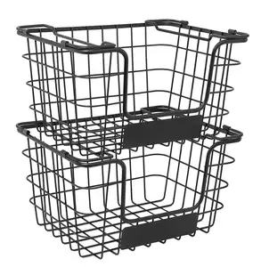 Stacking Wire Market Baskets mit Chalk Label | Set von 2 | Stackable Metal Storage Bin für Kitchen Counter