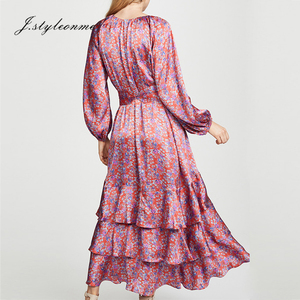 Vestido <span class=keywords><strong>Boho</strong></span> de Seda con Estampado Floral, Cuello en V, Manga Farol, Cinturón, Elegante y Sexy para Mujer, YLDR062D - Product Image 3