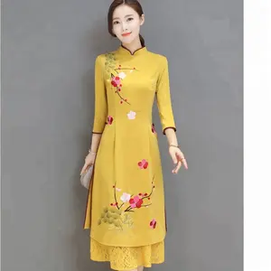 Gaun Cheongsam Berbordir untuk Wanita, Gaun Cheongsam Retro Kerah Berdiri Ramping Berbordir