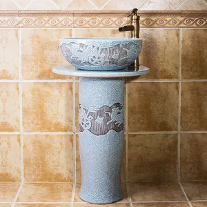 Chinese style ice crack hand carved artistic outdoor decorative bathroom ceramic washing hand pedestal sink