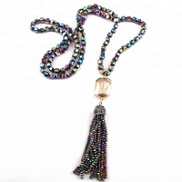Collar de Moda Bohemia para Mujer, Collar Largo con Cuentas Cuadradas de Vidrio Anudadas, Collar con Borlas de Cristal