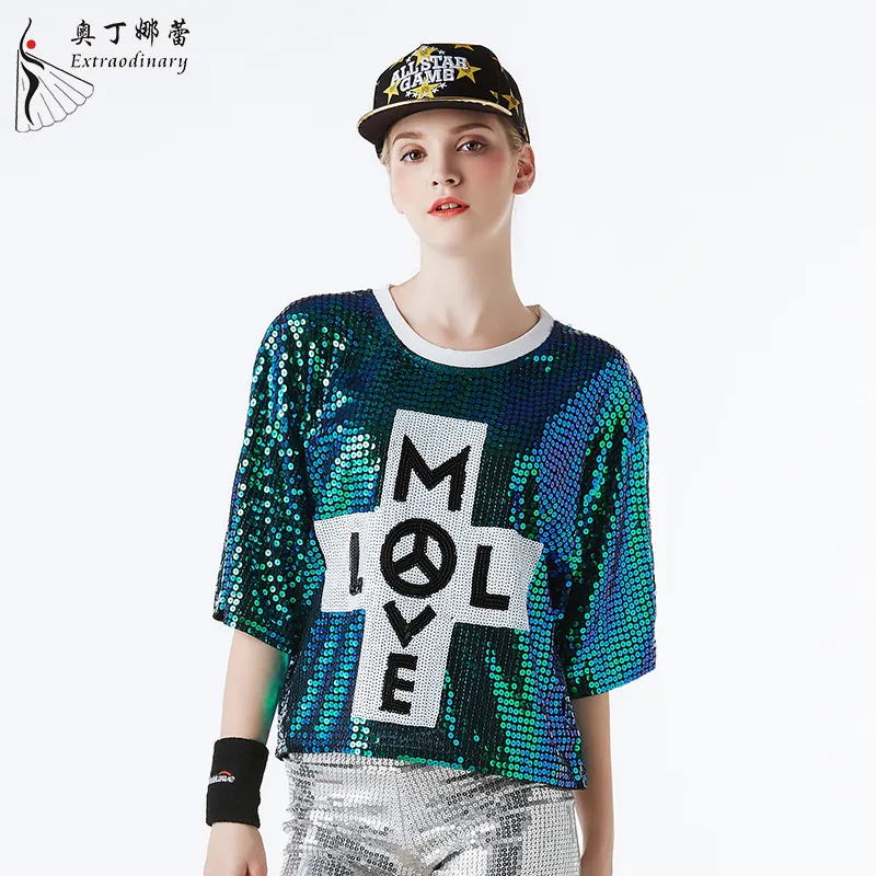 Kulübü dans glitter hip hop kostümleri kadınlar parlak mektup pullu gömlek