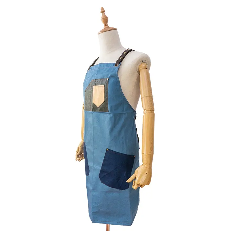 Novo avental de costura em couro em forma de h, avental de cozinha com alça de ombro, azul