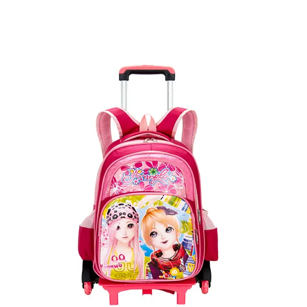 Hot bán trẻ em xe đẩy trường túi với bánh xe cho cô gái Ba lô màu hồng, tùy chỉnh Polyester phim hoạt hình không thấm nước Ba lô dây kéo