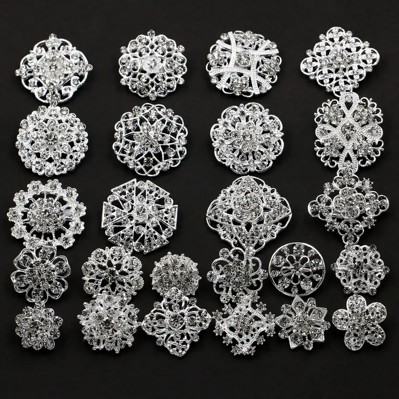 Crystal Flower Brooches Pins Set DIY Wedding Bouquet Broaches Kit Clear Rhinestones Lots of 24 PCS