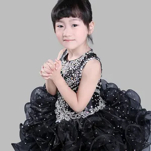 맞춤형 블랙 오간자 민소매 생일 공주 치마 소녀 파티 드레스
