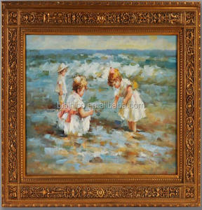 <span class=keywords><strong>Pintura</strong></span> al Óleo de <span class=keywords><strong>Estilo</strong></span> Vintage de Niños Jugando en la Playa en un Marco de Madera Antiguo Dorado - Product Image 1