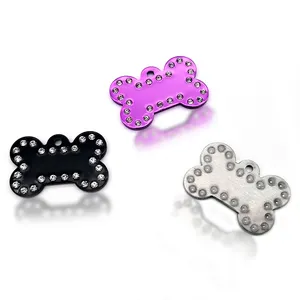 custom cat plain blank metal 3d engraving mirror tags rhinestone inlay Crystal aluminum dog name tag bone shape pet id