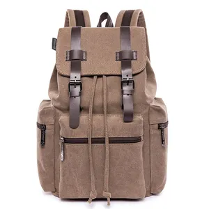 custom logo vintage canvas camping hiking backpacks unisex shoulder brown backpack bag china casual solid color hiking rucksack