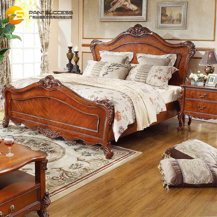 Custom American classic style luxury wood leather double bed with handmade carving