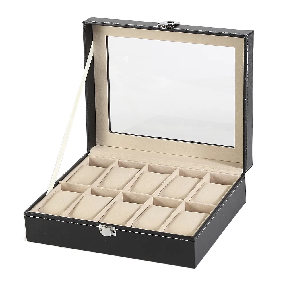 Promotion Popular Leather 10 Slot Black PU Watch Storage Display Case Collector Box Organizer