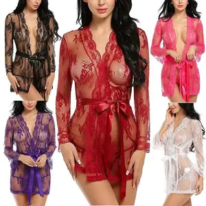 Babydoll Satu Potong Lingerie Wanita, Baju Tidur Jaring Ikan Teddy Renda Cangkir Terbuka Depan Jaring