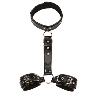 Leather Halter Neck Restrictions Fetish Back Adult Sex Toys For Women Collar Wrist Cuffs Cosplay