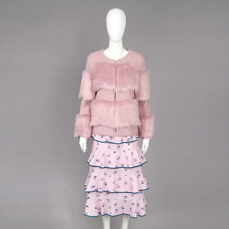 2018 Casaco Moda Feminina Inverno Estilo doce Design Suave e Quente Rosa Em Camadas de Lã Faux Fur Blended Fechamento de Olhos Gancho casaco