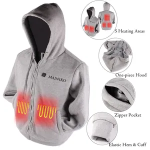 OEM Thiết kế USB sưởi ấm unisex áo phụ nữ và nam giới thể thao nước nóng hoodie cho mùa đông Fleece vải màu xám mùa đông quần áo trùm đầu