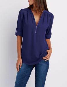 Blus Chiffon Kasual Vintage Wanita Kerah V Resleting Setengah Ukuran Besar Plus Longgar Fit Panjang Musim Gugur Vintage Blusa Feminina Vestidos - Product Image 4