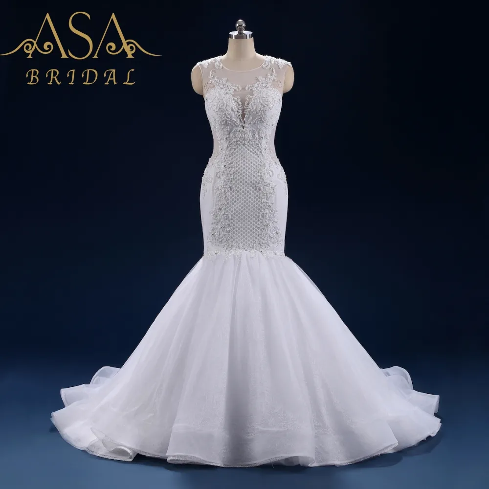 ASA026 실제 사진 하이 엔드 아프리카 인기있는 신부 드레스 아플리케 격자 특종 목 인어 웨딩 드레스