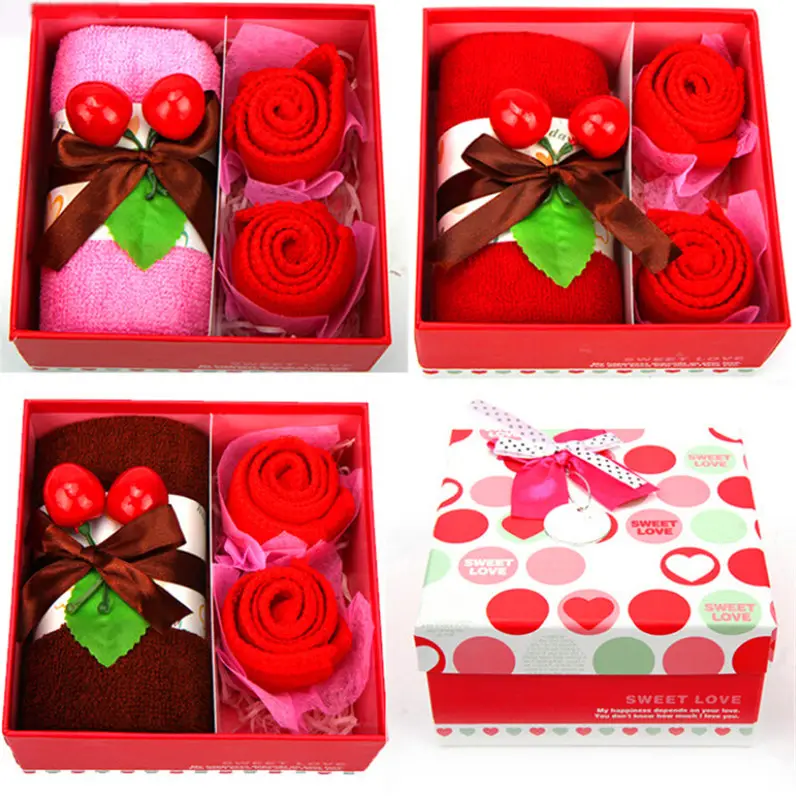 Cake towel promotional gift towel set in gift box Romantic strawberry flower sushi towel cake gift box
