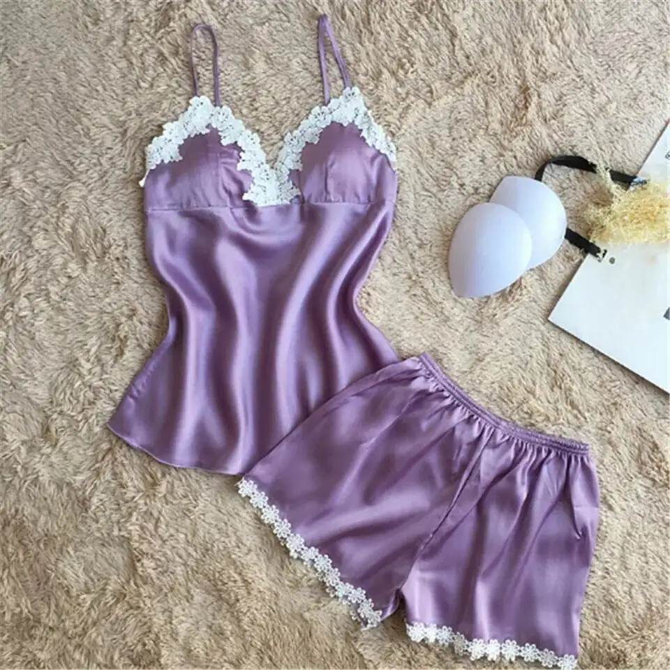 8 Warna Diskon Besar Mode Renda Satin Set Lingerie Pakaian Tidur Musim Panas Piyama Seksi Pakaian Rumah untuk Wanita Pakaian Tidur