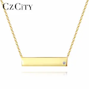 CZCITY Wholesale Simple Fancy 925 Silver Squared Pendant Necklace With Tiny Bling CZ Crystal for Women or Men Party Gift