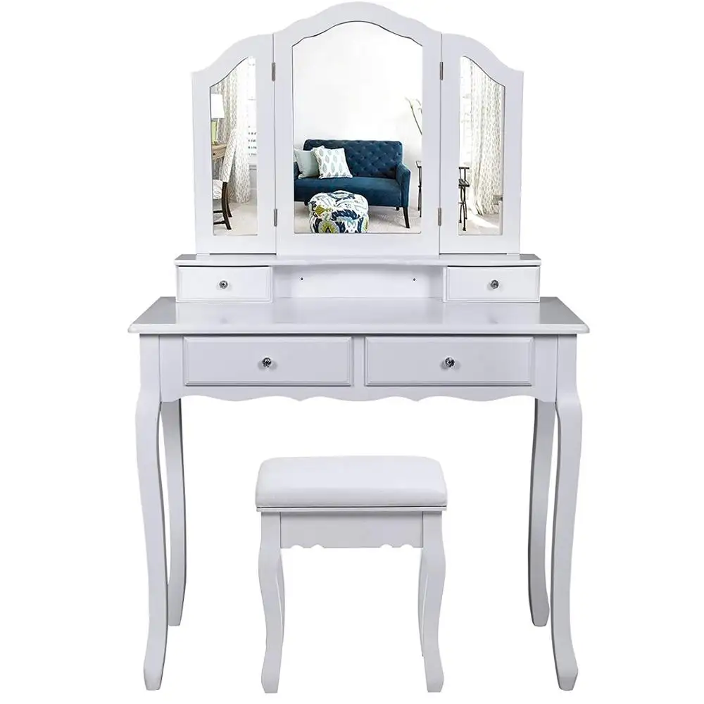 Folding Mirror white Wood Bathroom Vanity Set Makeup Table Dresser 4 Drawers with stool Wooden Vanity Dressing Table Mirror