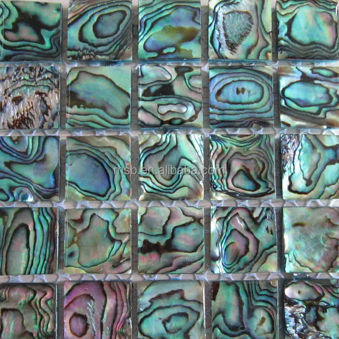 Azulejos moaic de concha gruesa de corte cuadrado, revestimiento de resina epoxi, mosaicos de concha de abulón paua