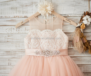 Abito da ragazza di fiore da sposa in pizzo avorio color <span class=keywords><strong>Tulle</strong></span> <span class=keywords><strong>rosa</strong></span> pesca con cintura in cristallo abito da festa di compleanno principessa - Product Image 2