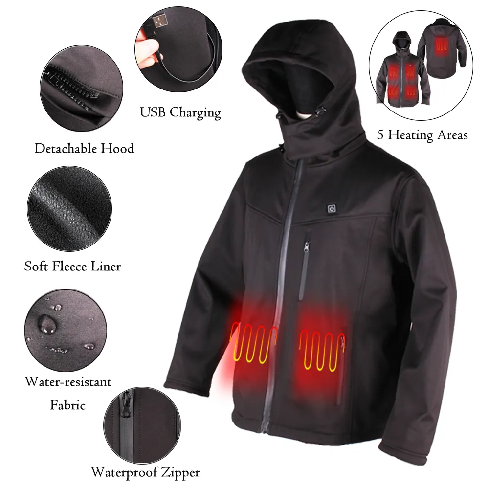 핫 세일 7.4V 배터리 전원 따뜻한 가열 재킷 방수 남여 공용 가죽 및 폴리에스터 겨울 시즌 후드 버튼 장식