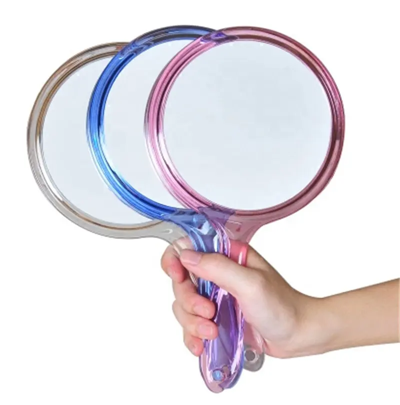 Eenvoudige Ronde Roze/Blauw Clear Plastic Make Hand Held Spiegel Met Handvat