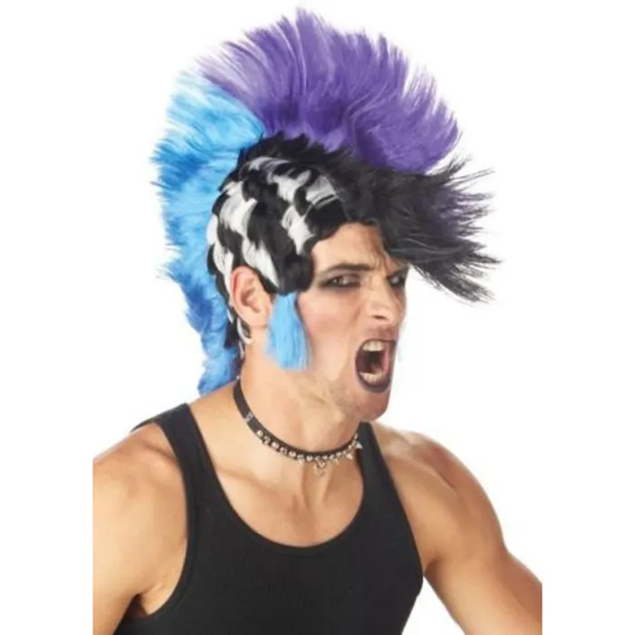 Factory Wholesale Checkered Mohawk Punk Spikey Purple Blue Men Costume Wig