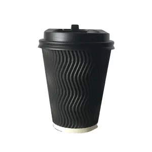 PLA Lining Paper Cups Ripple Wall Black Color Coffee Paper Cup Coffee Cups With Lids 12 Oz