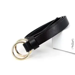 Women Fashion Metal Pin Buckle Double Ring Pu Leather Belt for Fashionable Garment