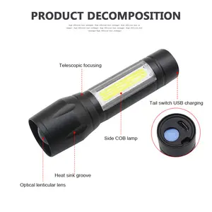 EDC — Mini lampe de poche USB rechargeable à lumière LED, en aluminium, torche portable, super lumineuse, zoomable, COB