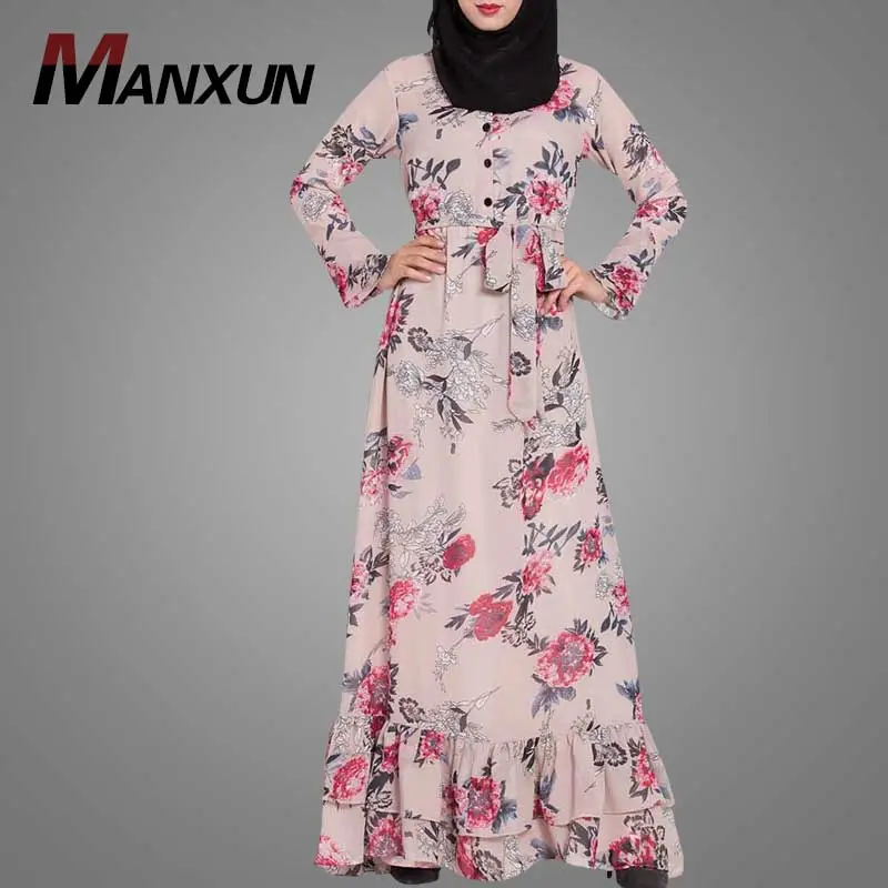 Fashion Long Sleeve Floral Muslim Dress Hot Sale Kaftan Islamic Clothing Nice Print Dubai Abaya Arab Women Dress