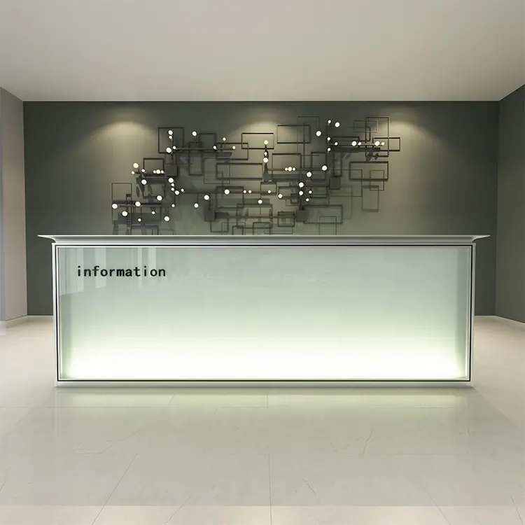 Painel de vidro de moldura de alumínio, de alta qualidade, tamanho padrão, forma l, balcão de salão, usado, branco, moderno, recepção de escritório