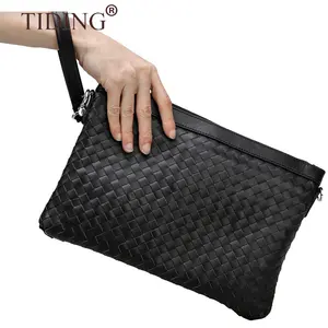 Factory Prijs Real Geweven Lederen Business Clutch Tas Echt Leer Zwart Polsbandje Weave Man Clutch Bag