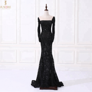 Negro de lujo pesado <span class=keywords><strong>trabajo</strong></span> hecho a mano con cuentas de encaje de manga larga vestidos de noche vestido de fiesta - Product Image 1