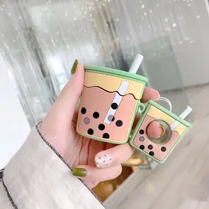 OEM For AirPods Case Cartoon Cute Funny Milk Bubble Tea Drink Bottle Earphone Protect Cover For Airpods 2 with Finger Ring Strap