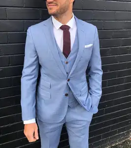 2019 yeni moda ışık mavi damat smokin çentikli yaka Groomsmen takım elbise adam ceket Blazer 3 adet Suit (ceket + pantolon + yelek)