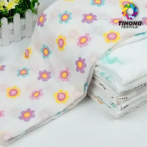 Custom logo printed 100% cotton double muslin baby gauze diaper fabric comfortable soft baby swaddle for sale