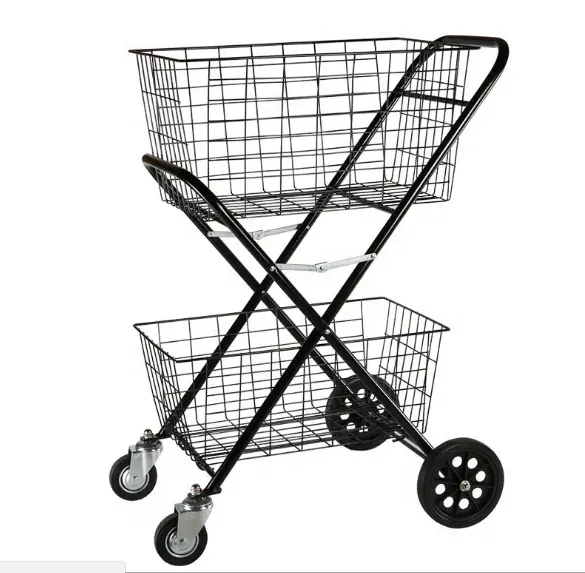 Carrito de empuje de acero inoxidable, cesta plegable, para transporte, supermercado