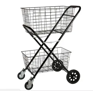 Aço inoxidável empurrar carrinho dupla cesta estilo dobrável transporte supermercado compras carrinho carrinho