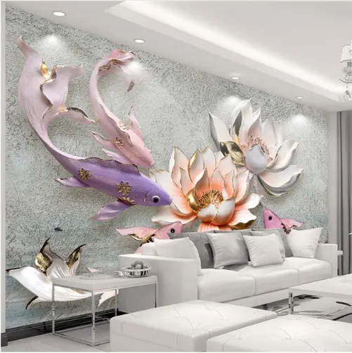 3D Stereo Relief Lotus Fish Mural Living Room Study High Quality Interior Home Decor Wall Mural Ppaer