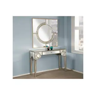 Classic golden line antique mirrored console table set with square antique wall mirror with circle