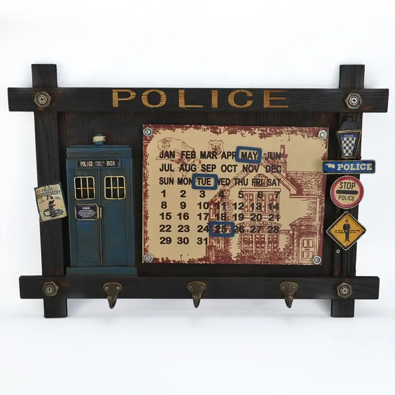 Perpetuo decorativo con 3 ganci Police Box targa in metallo con calendario in metallo con magneti Retro Home Office Bar Vintage Decor Wall